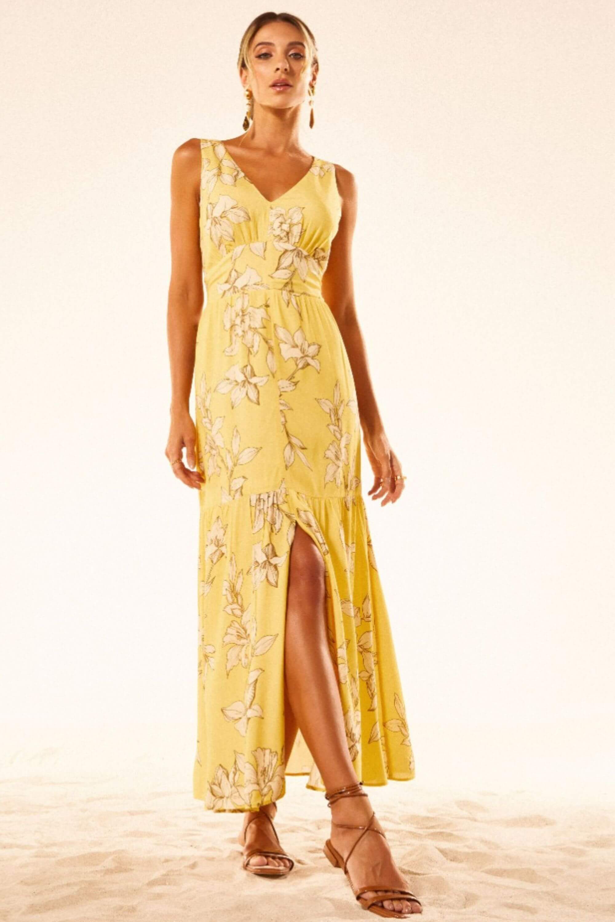 Vestido Midi Estampado Amarelo