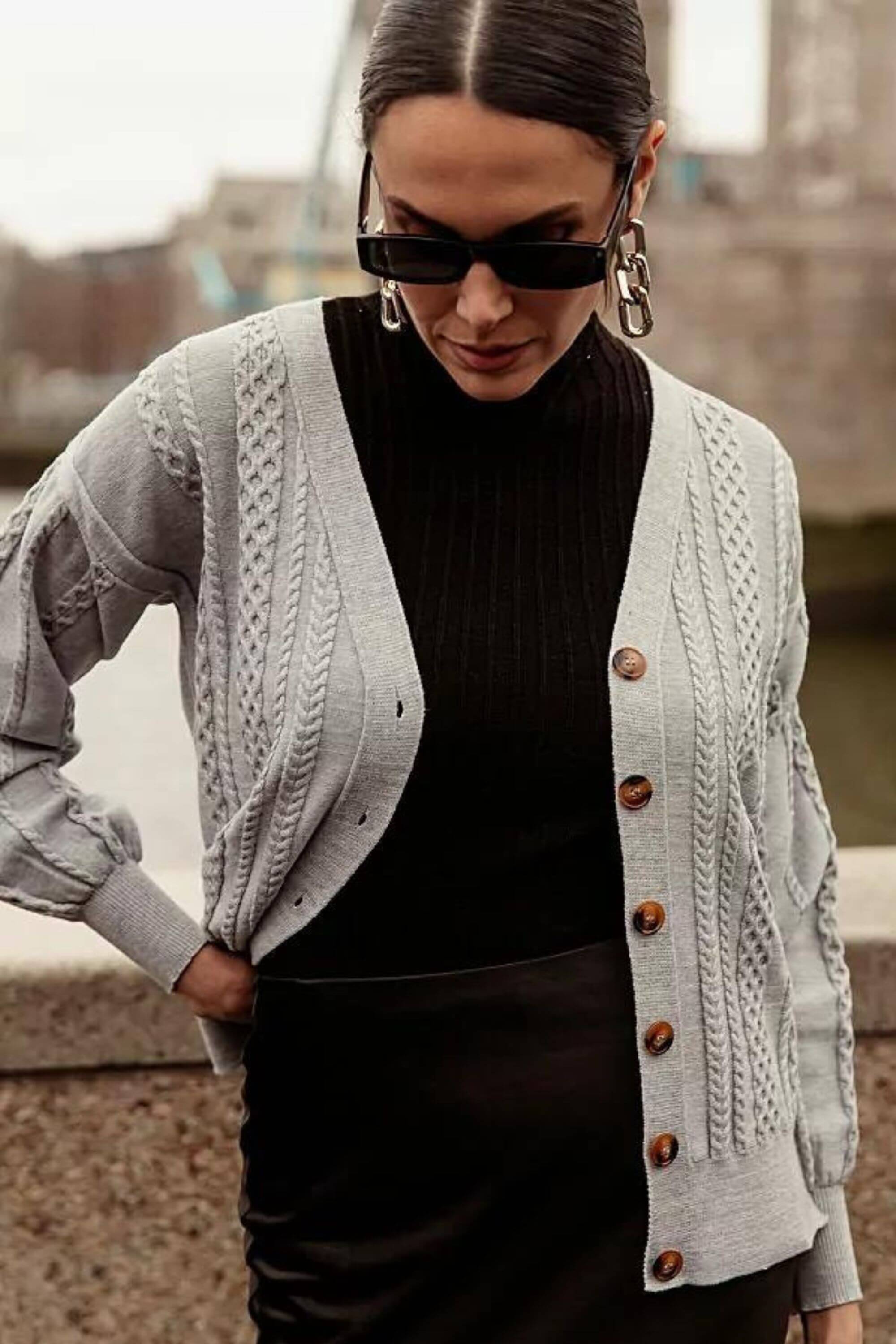 Cardigan Cashmere Trança Botões Cinza | Zazou