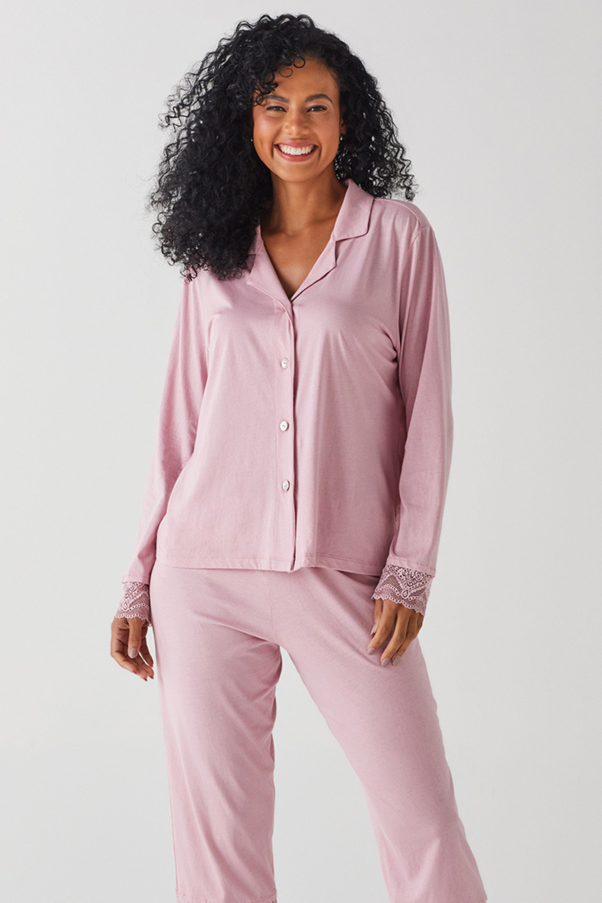 トップス lessix PAJAMA SHIRT Pijama Botões Manga Longa Rosa | Zazou