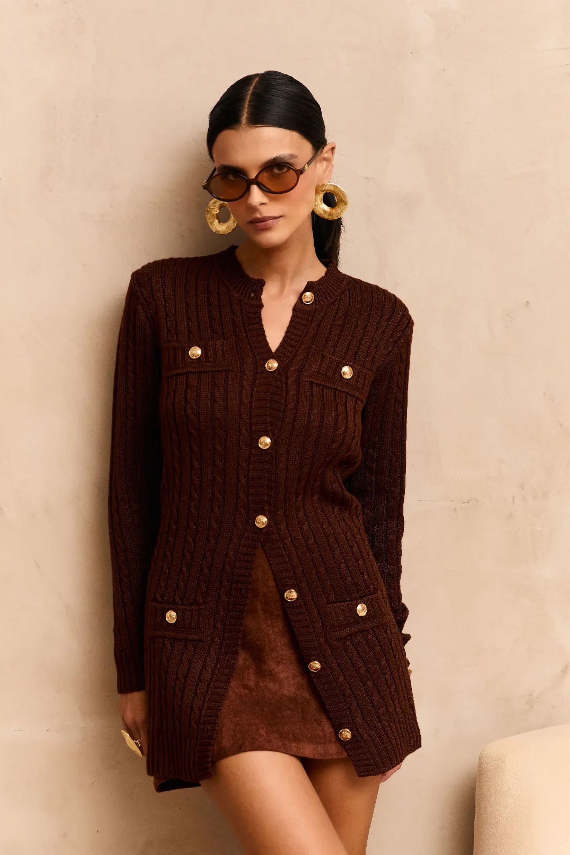 Cardigan Tricot Chanel Tranças Marrom | Zazou