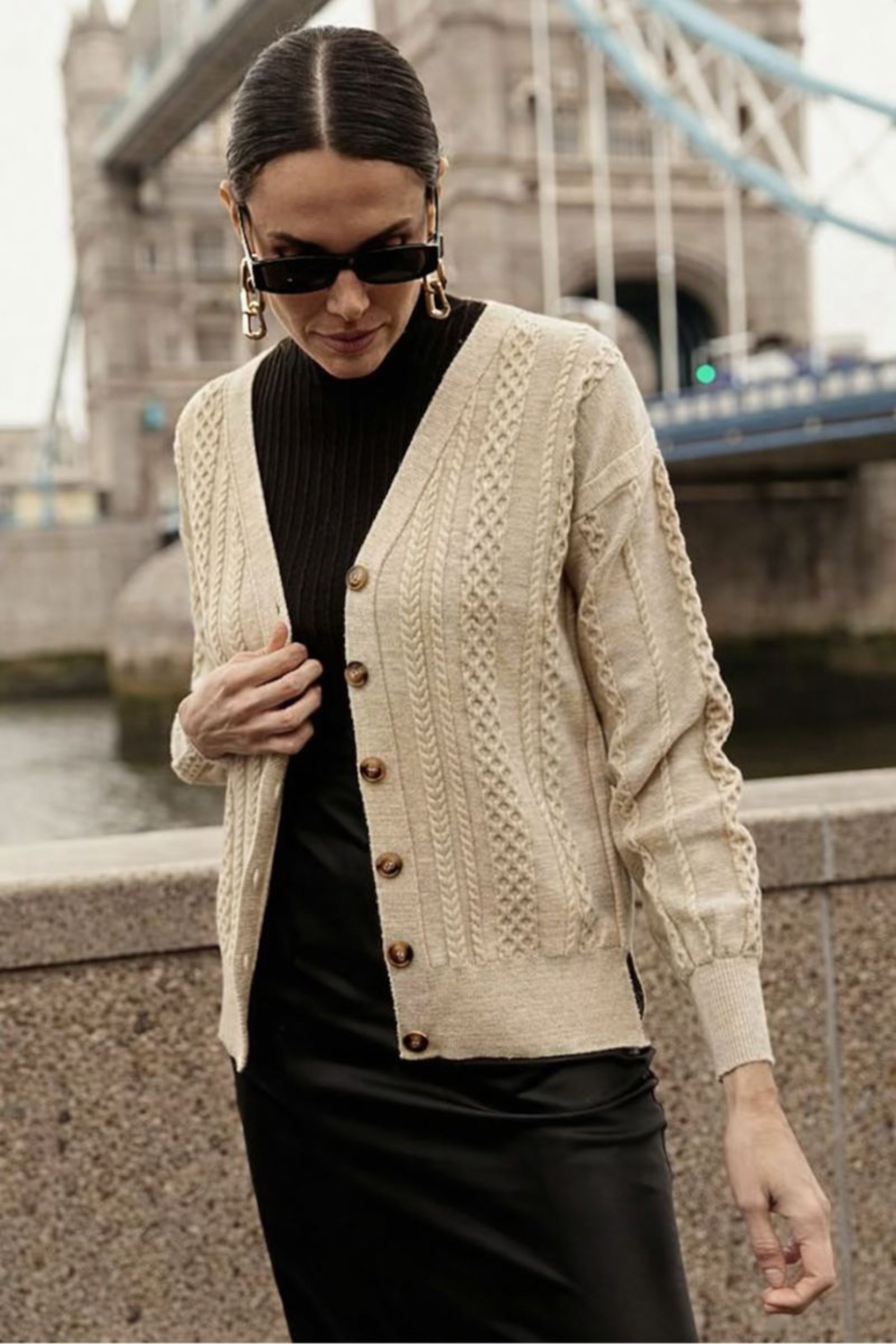 Cardigan Cashmere Trança Botões Cinza | Zazou